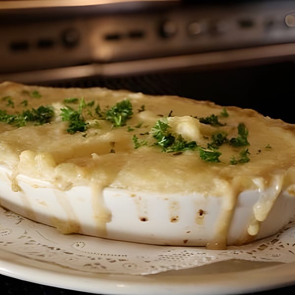 A white oval dish filled with melted cheese and topped with fresh parsley, on a doily.